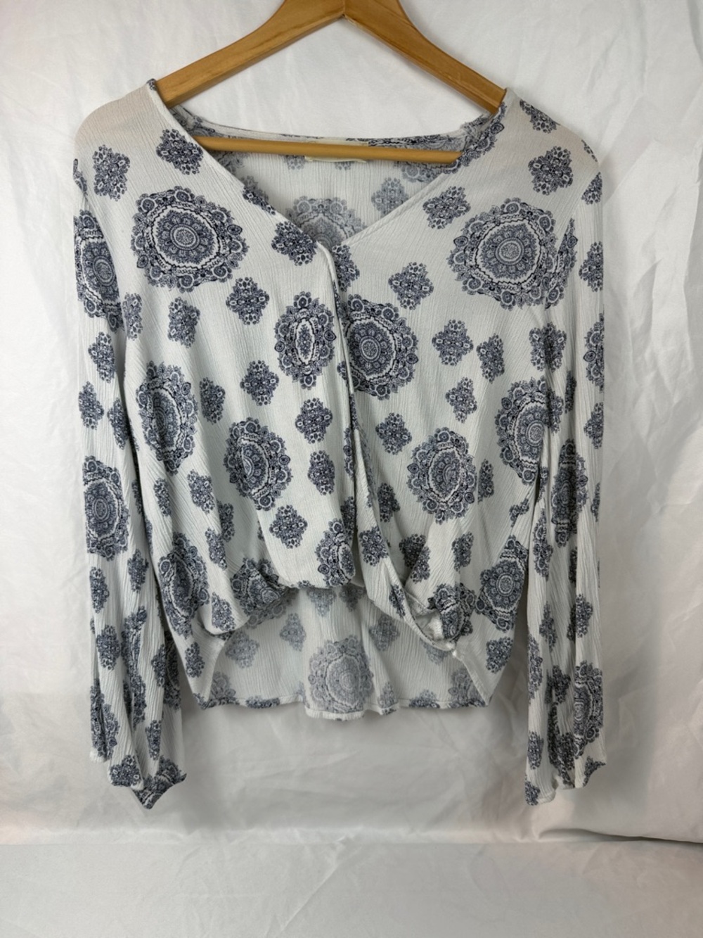 Altar'd State Boho Faux Wrap Blouse Lace-Up Sleeve Cropped Top Size Medium